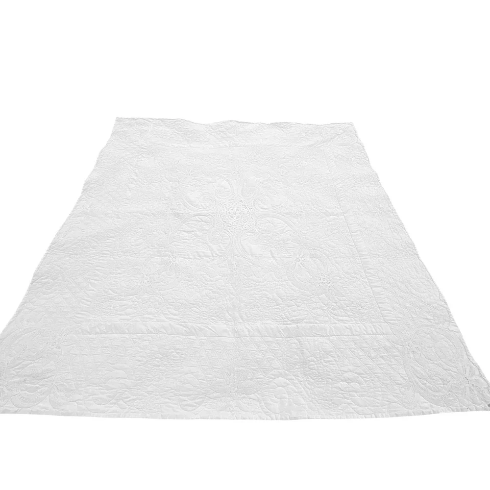 Vtg White Battenberg Lace Floral Machine Quilted Cotton Quilt Coverlet READ